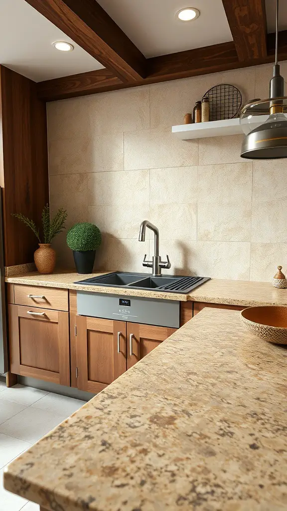 A warm kitchen featuring natural stone countertops and wooden cabinetry