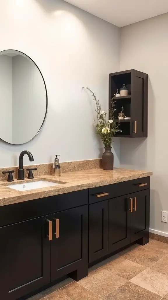 A modern bathroom featuring natural stone countertops, black cabinetry, and a round mirror.