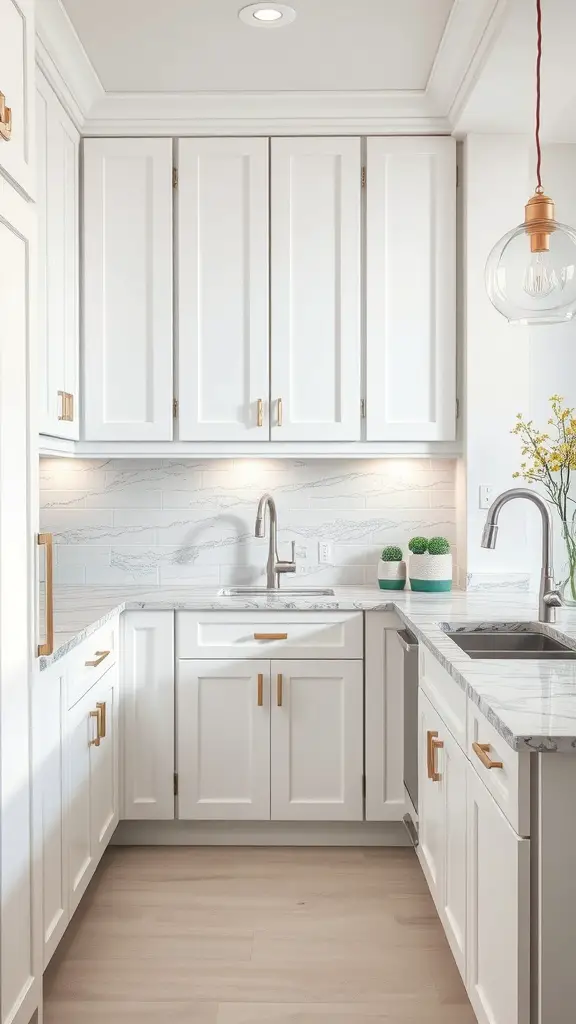 A modern kitchen featuring white cabinets and a natural stone countertop with green apples on a bowl.