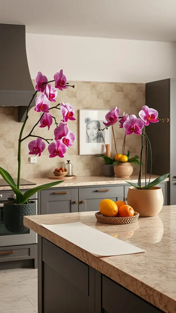 A modern kitchen featuring natural stone countertops, dark cabinetry, and vibrant purple orchids in pots.