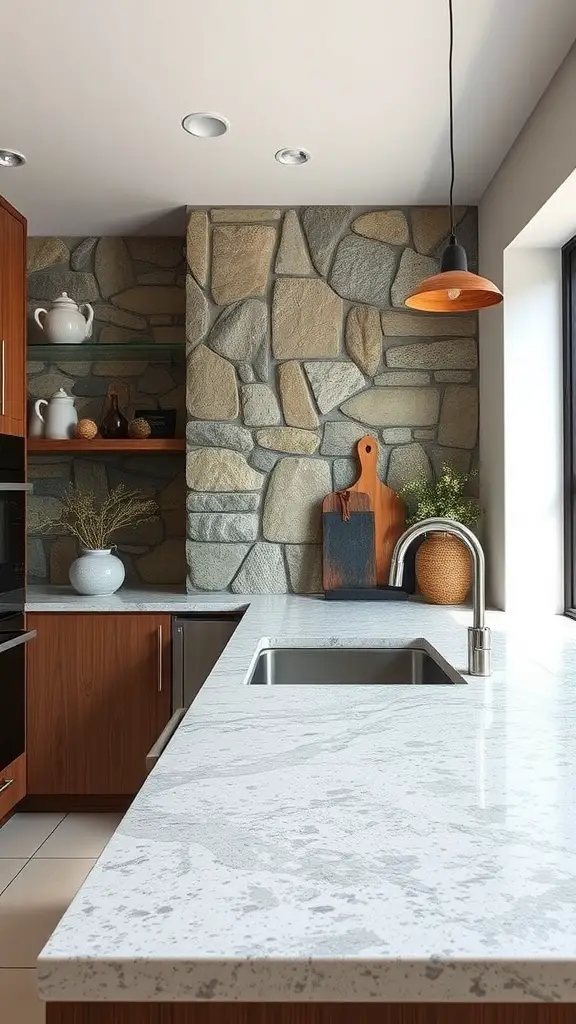 A warm kitchen with a natural stone wall, wooden shelves, and earthy color palette.