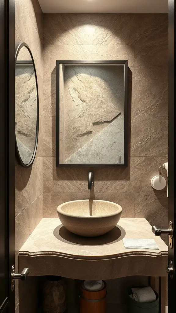A modern half bathroom featuring natural stone walls, a stone sink, wooden accents, and plants.