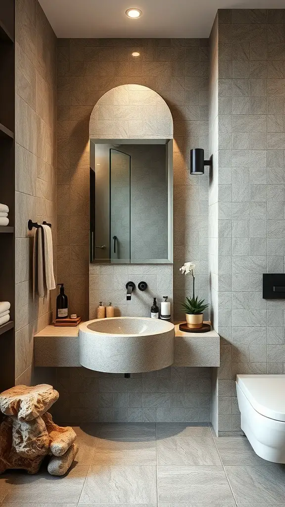 A modern bathroom featuring a natural stone sink, rock elements, and soft gray tiles.