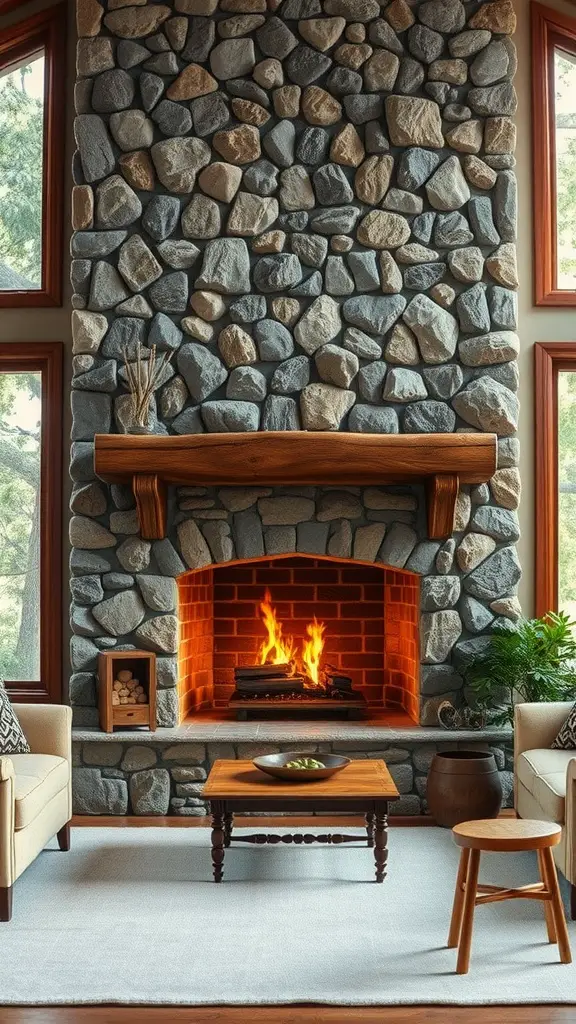 A cozy living room featuring a natural stone fireplace with a wooden mantel, surrounded by large windows.