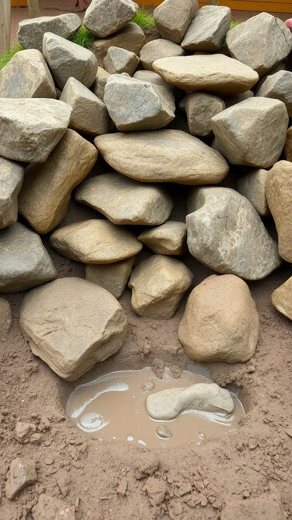 Natural stone mud play area with various stones scattered on soft earth.