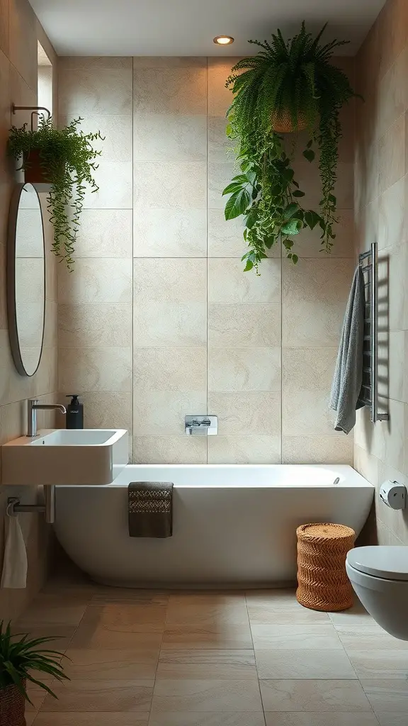 A serene bathroom featuring natural stone tiles, a freestanding bathtub, hanging plants, and a cozy atmosphere.