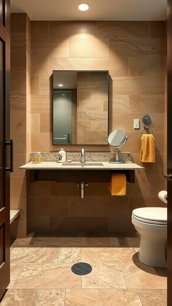 A stylish bathroom with natural stone surfaces, featuring beige stone tiles on walls and floor, a simple wooden sink, and a mirror.
