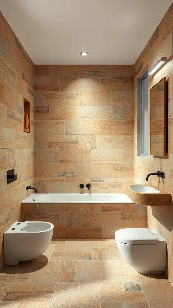 Cozy bathroom with natural stone tiles on walls and floor, featuring a bathtub and modern fixtures
