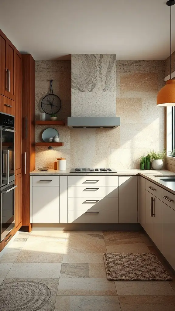A modern kitchen with natural stone tile flooring, wooden cabinets, and bright lighting.