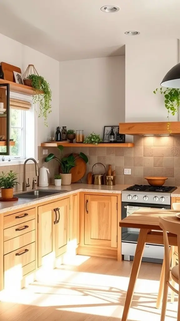 A cozy kitchen featuring natural wood cabinets, a modern stove, and various indoor plants in woven baskets.