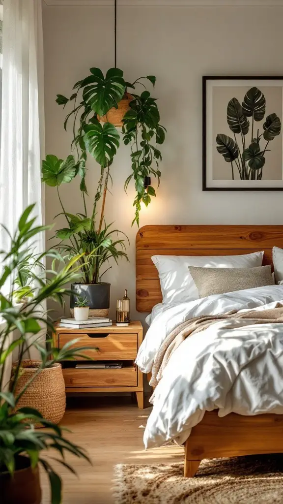 Cozy bedroom with wooden accents and plants