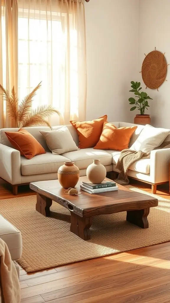 Cozy living room featuring natural wood accents, a wooden coffee table, beige couch with orange pillows, and indoor plants.