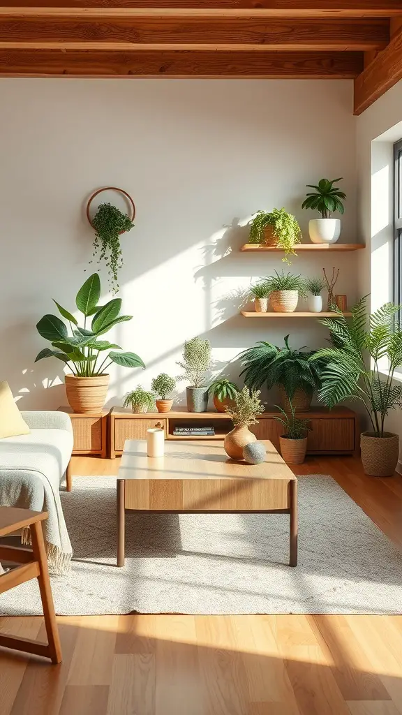 A cozy living room featuring wooden furniture, plants, and natural light.