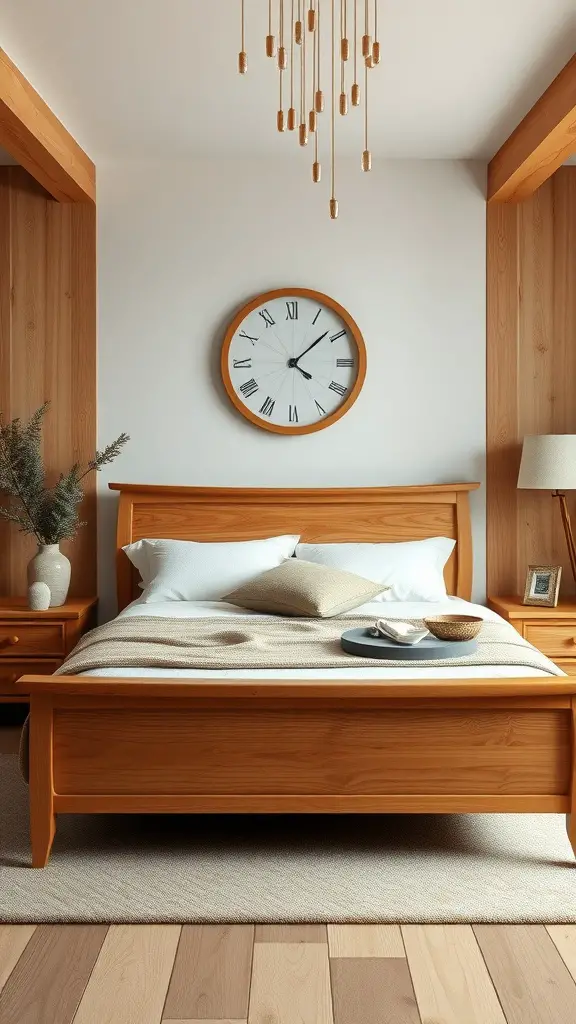 A serene bedroom with natural wood accents featuring a wooden bed frame, shelves, and a round wall clock.