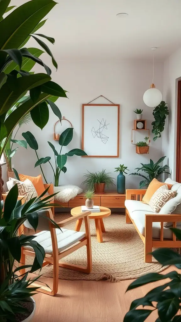 A cozy living room featuring natural wood furniture, plants, and warm accents.