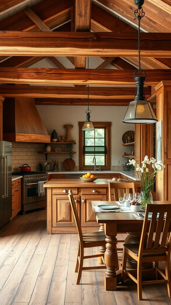 A cozy rustic kitchen with natural wood accents and a warm atmosphere