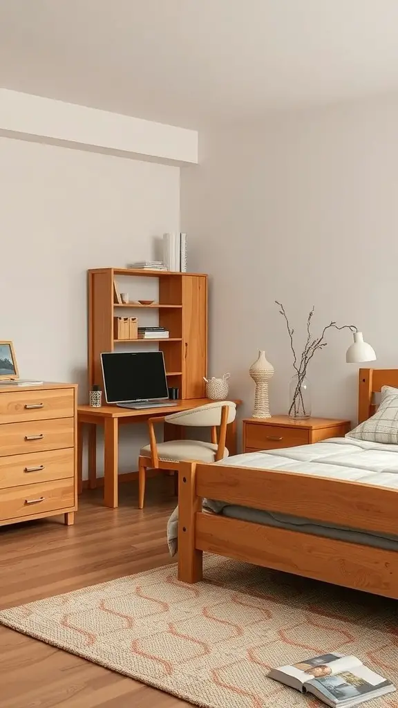 Cozy bedroom with natural wood accents, featuring a wooden bed frame, desk, and dresser, complemented by a patterned rug.