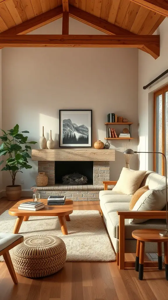 A cozy living room with natural wood accents, featuring a wooden ceiling, wooden furniture, and a fireplace.