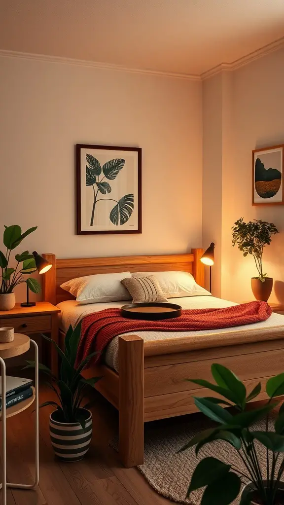 Cozy bedroom with natural wood accents, soft lighting, and plants