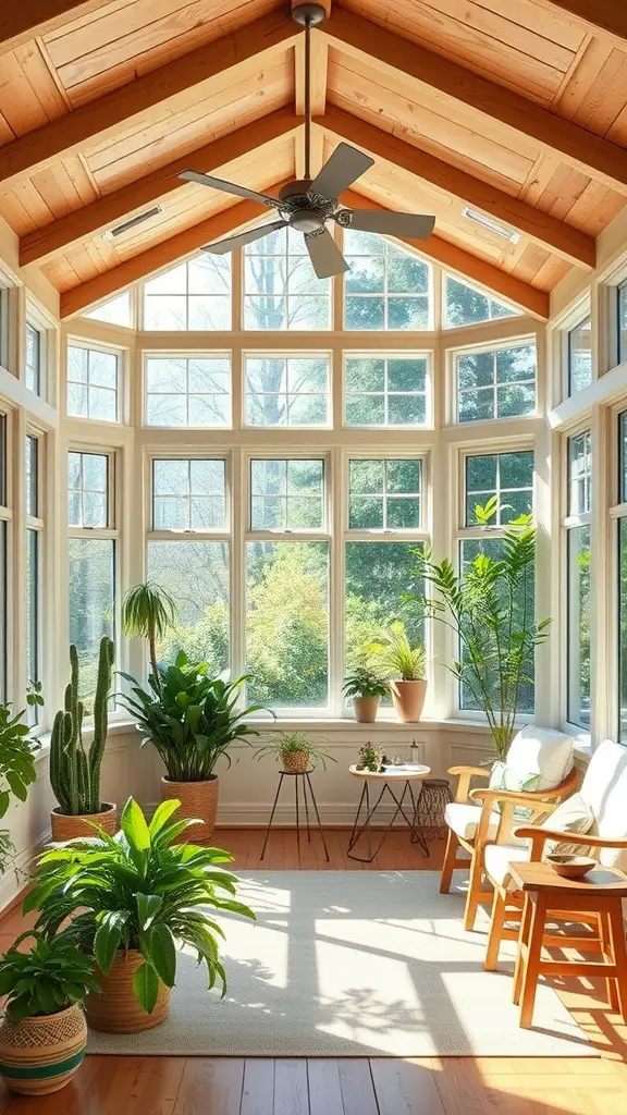 A bright sunroom featuring natural wood accents, plants, a cozy sofa with cushions, and a wooden coffee table.