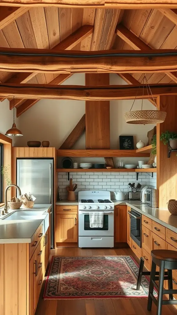 A warm and inviting boho style kitchen featuring natural wood accents, exposed beams, and cozy decor.