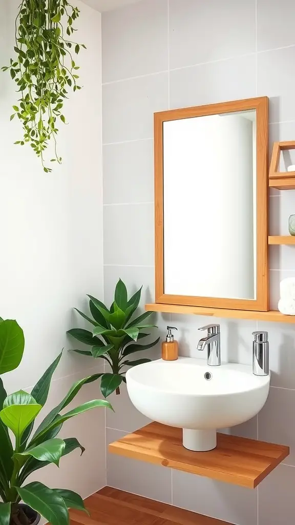 A bright bathroom featuring natural wood accents with a mirror and shelf, surrounded by green plants.