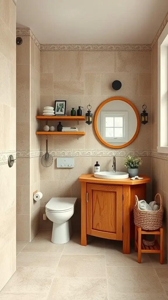 Cozy bathroom with natural wood accents, beige tiles, and warm lighting.