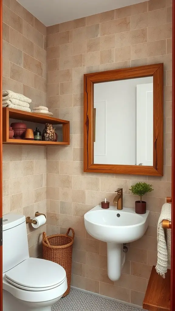 A cozy Jack and Jill bathroom featuring natural wood accents in the mirror frame and shelving.