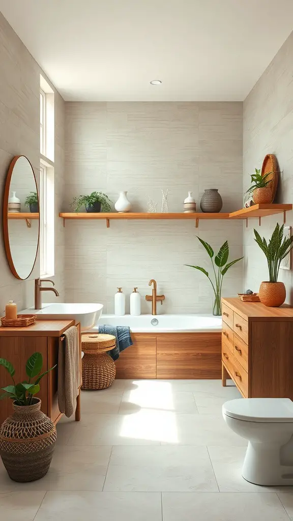 A modern bathroom featuring natural wood accents, including cabinets and shelves, with potted plants and woven baskets.