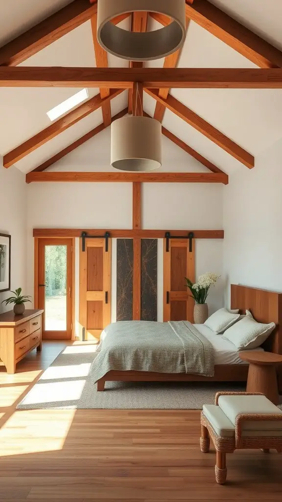 A serene master bedroom with natural wood accents, featuring wooden beams, furniture, and ample natural light.