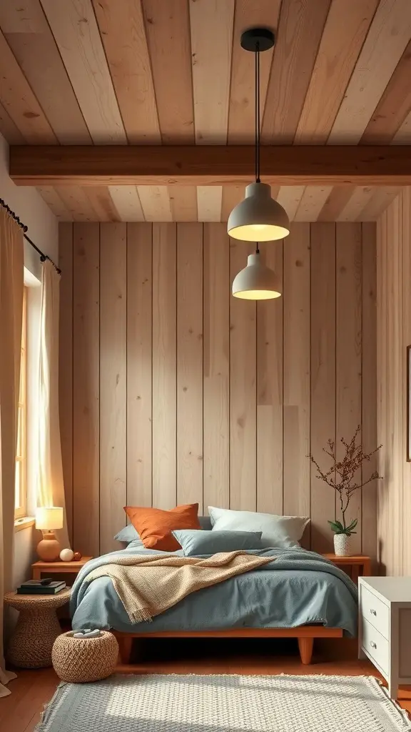 Cozy bedroom with natural wood accents and pendant lights, featuring a soft color palette.