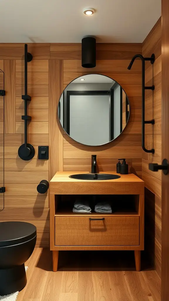 A rustic bathroom featuring natural wood paneling, a black sink, and a round mirror.