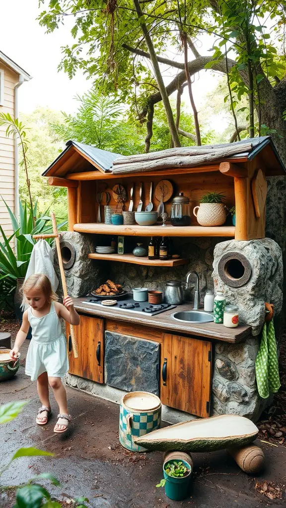 Children playing in a wooden and stone outdoor kitchen area, surrounded by greenery.