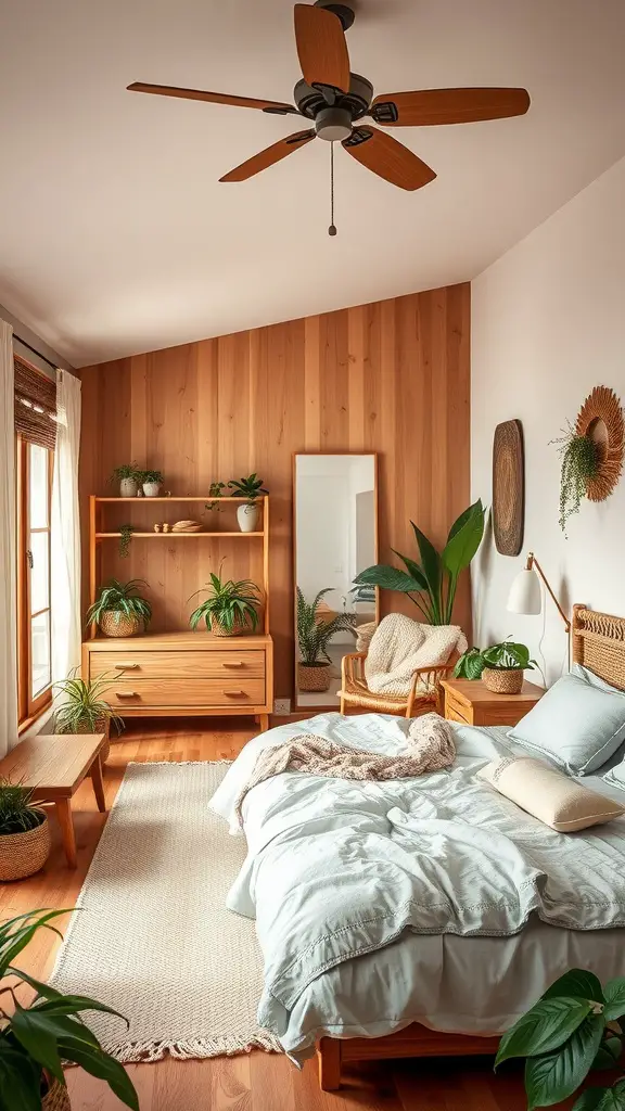 Cozy bedroom featuring natural wood elements, plants, and soft textiles.