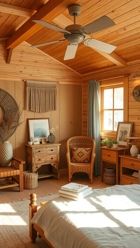 A cozy Japandi style bedroom with natural wood elements, featuring wooden walls, a bed with soft bedding, and earthy decor.