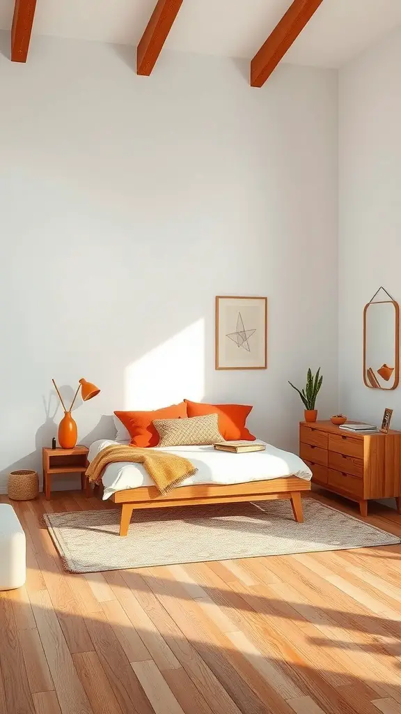 A cozy bedroom featuring natural wood furniture and burnt orange accents.