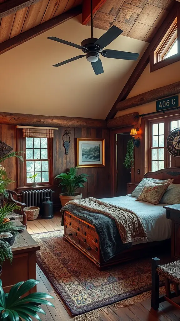 A cozy jungle-inspired bedroom featuring natural wood furniture, plants, and warm tones.
