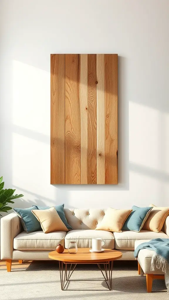 Natural wood wall art displayed above a cozy sofa in a well-lit living room.