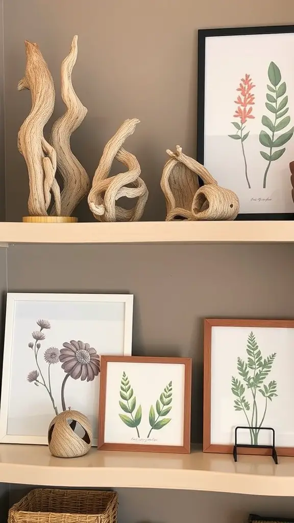 Nature-inspired home decor accessories on display, including wood sculptures and framed botanical art.