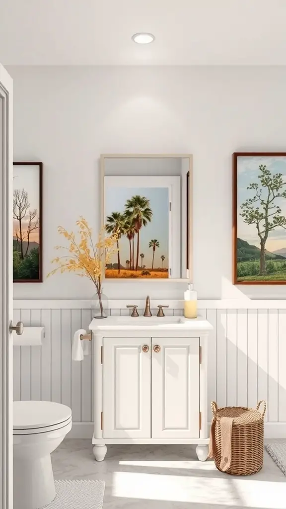 A bathroom with a white vanity and nature-inspired artwork on the walls, featuring landscapes with palm trees.