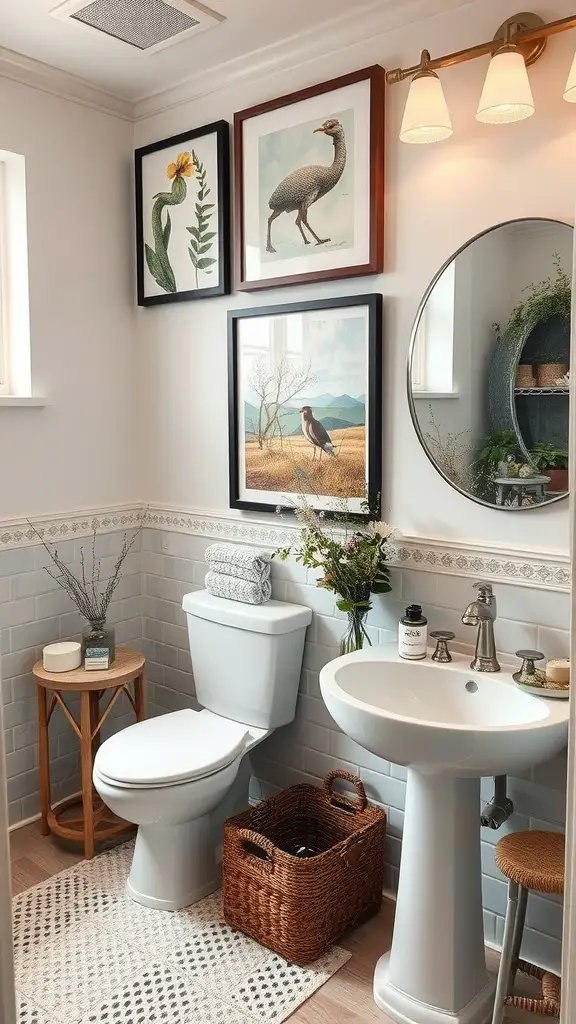 A bathroom featuring nature-inspired artwork, including framed prints of a flower and a bird, with soft colors and natural textures.