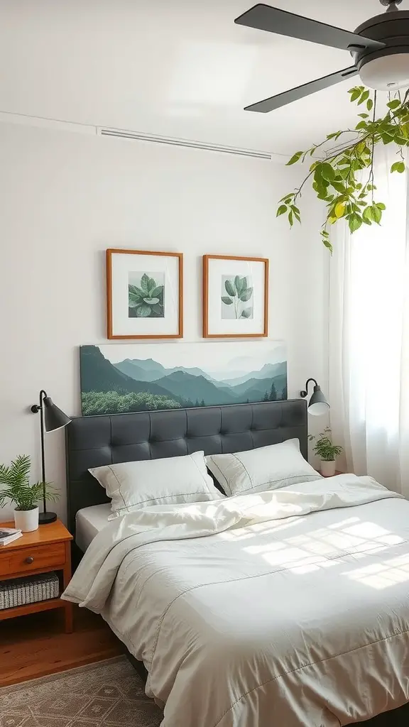 A serene master bedroom with nature-inspired artwork featuring mountains and botanical prints.