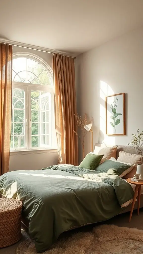A cozy bedroom with green bedding, warm curtains, and natural decorative elements.