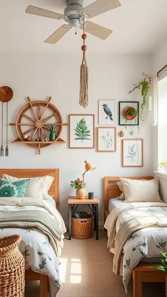 Cozy teenage room with nature-inspired decor featuring plants, wooden accents, and botanical prints.