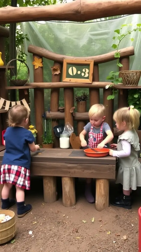 Children playing in a nature-inspired mud kitchen with flowers and wooden elements.