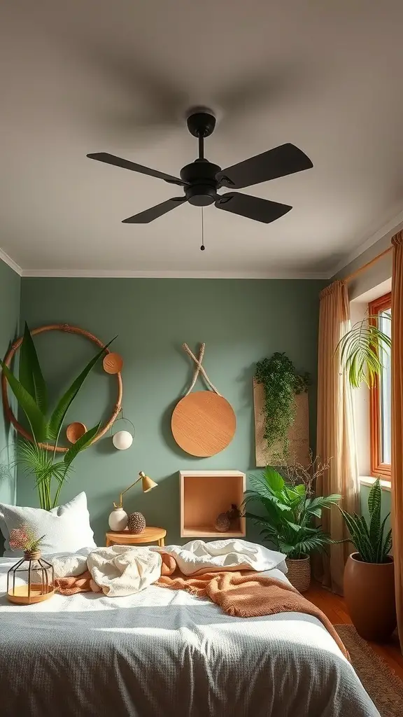 A cozy bedroom featuring wooden walls, hanging plants, and natural decor.