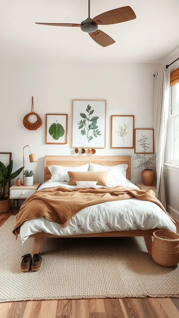 A cozy bedroom with nature-inspired decor featuring plants, botanical prints, and warm colors.