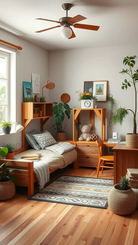 A nature-inspired teenage boy's room featuring wooden elements, plants, and a cozy bed setup.