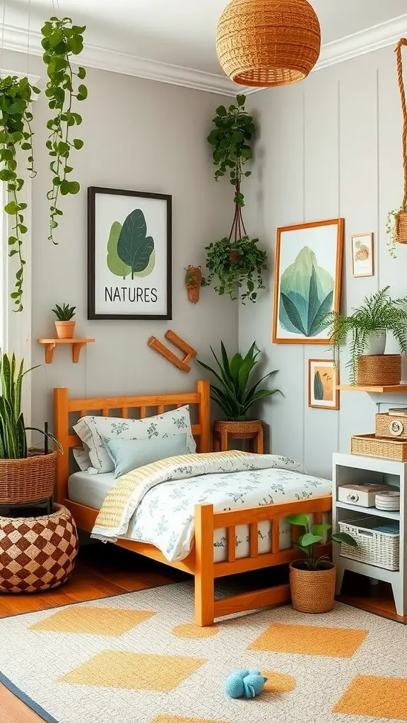 A nature-inspired teenage room featuring a wooden bed, plants, and nature-themed decor.