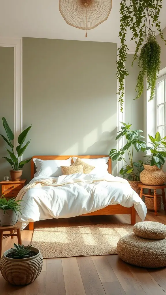 A cozy bedroom featuring earthy tones and indoor plants.